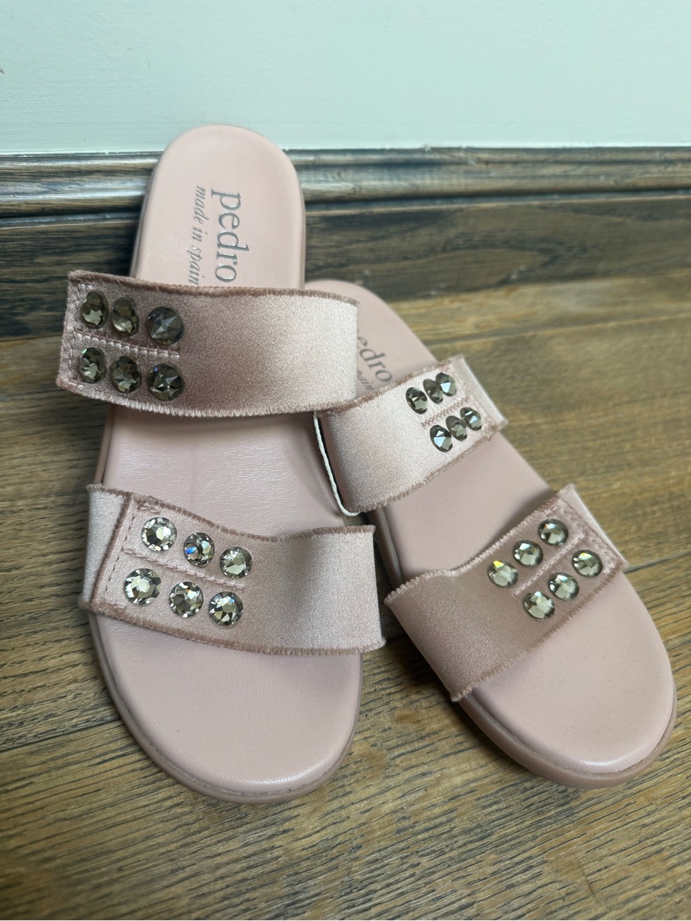 New Pedro Garcia Blush Crystal-Embellished Satin Slide Sandals